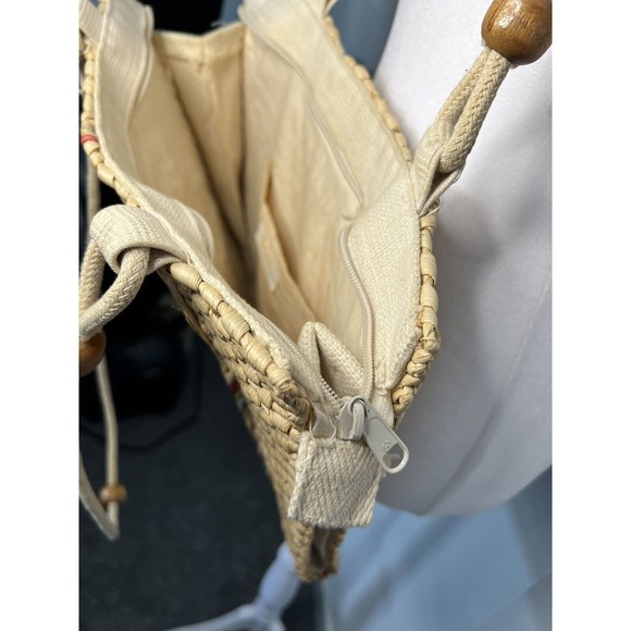 VTG Medium Size Beige Woven Straw Wood Bead Braided Rope Handle Tote Handbag - Picture 5 of 9